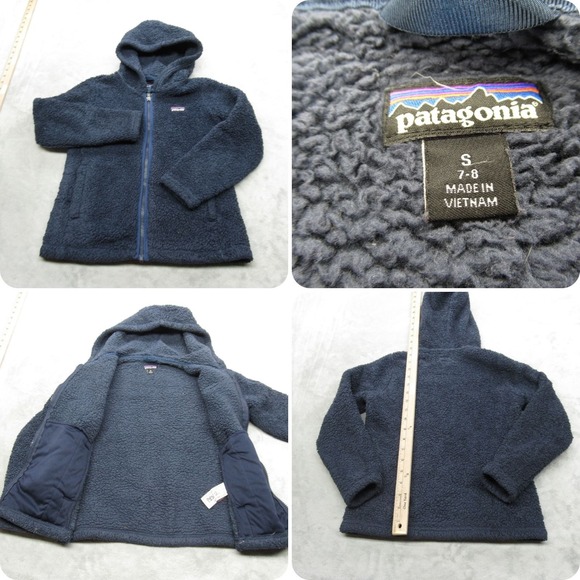 Patagonia Jacket Youth Small Blue Pockets Fuzzy Fleece Hooded Full Zip Outdoor - Picture 1 of 14